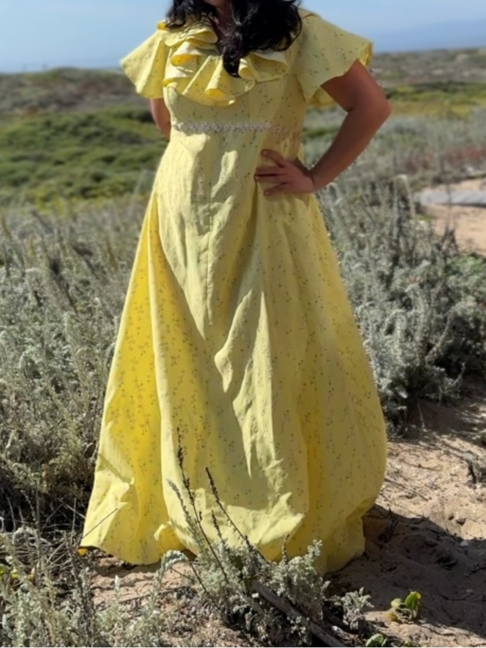 Vintage 1960s 1970s Sunny Yellow Ruffle Neck Maxi Dress - Picture 9 of 9